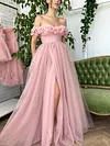 Dusty Rose Light Baby Pink Tulle Formal Gown 3D Floral Floor Length Maxi Off The Shoulder Special Occasion Dress High Leg Split Corset Ethereal Whimsical Cottagecore Fairy