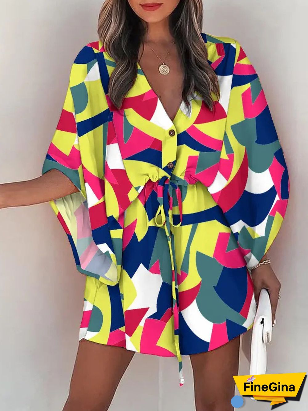 Summer Women's Fashion Holiday Dress Casual Print Flying Sleeve V-Neck Drawstring Mini Loose Dresses For Women Streetwear