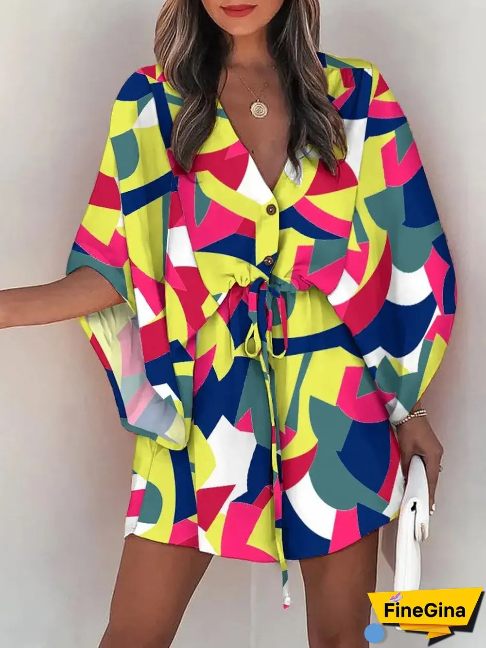 Summer Women's Fashion Holiday Dress Casual Print Flying Sleeve V-Neck Drawstring Mini Loose Dresses For Women Streetwear