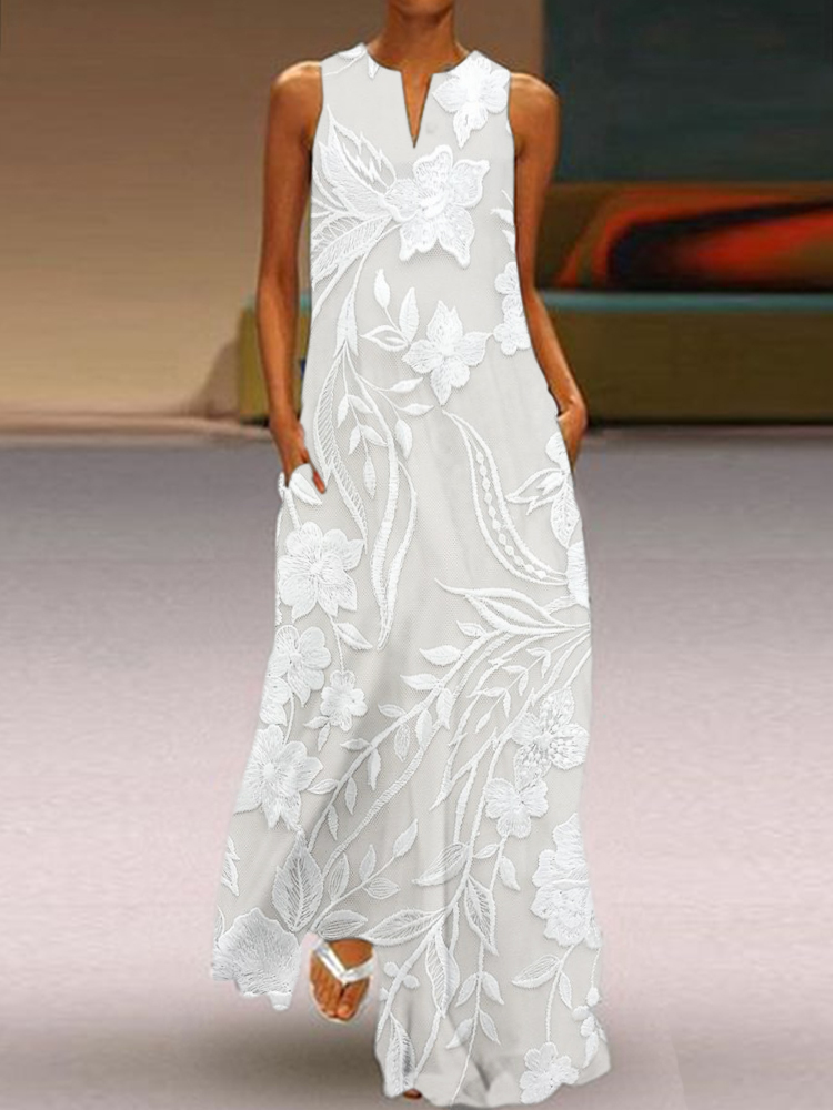 Comstylish Classy Floral Embroidered Flowy Maxi Dress