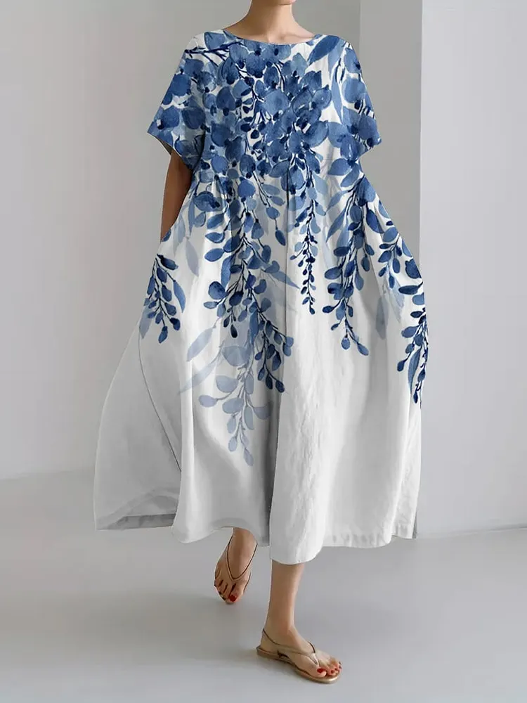 Ladies retro ink painting design printed casual loose dress