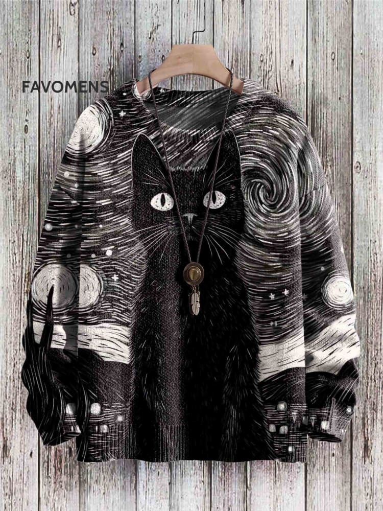 Vintage Cute Cat Art Print Casual Knit Pullover Sweater Black / S