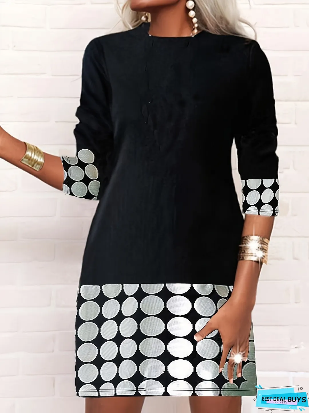Color Block Printed Dress, Casual Crew Neck Long Sleeve A Line Dress, Women's Clothing