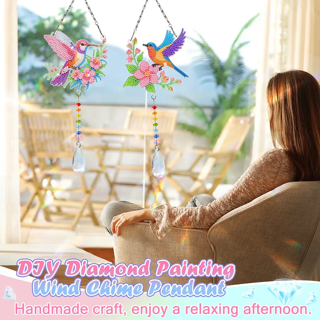 2Pcs Flowers and Hummingbirds DIY Double-Sided Diamond Painting Hanging Kits Diamond Painting Suncatcher Craft Kit for Home Garden Wall Decor Gift