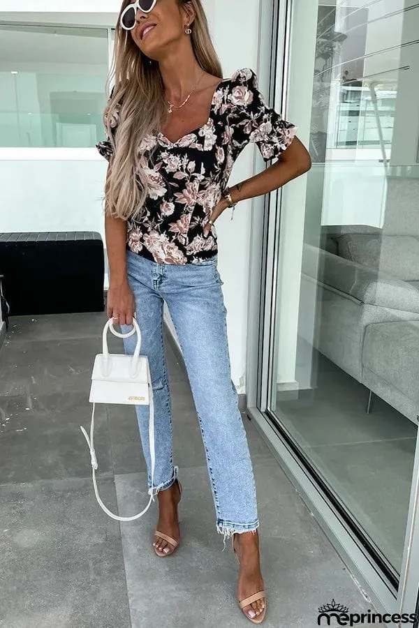 Floral Puff Sleeve Smocked Back Top