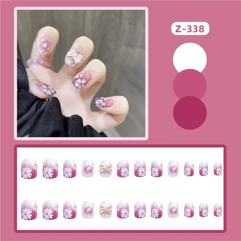24Pcs false nails with designs cow and Blue Color cut design Fake Nail Shiny Gold Foil  artificial nails with glue for girls-Nail Inspo