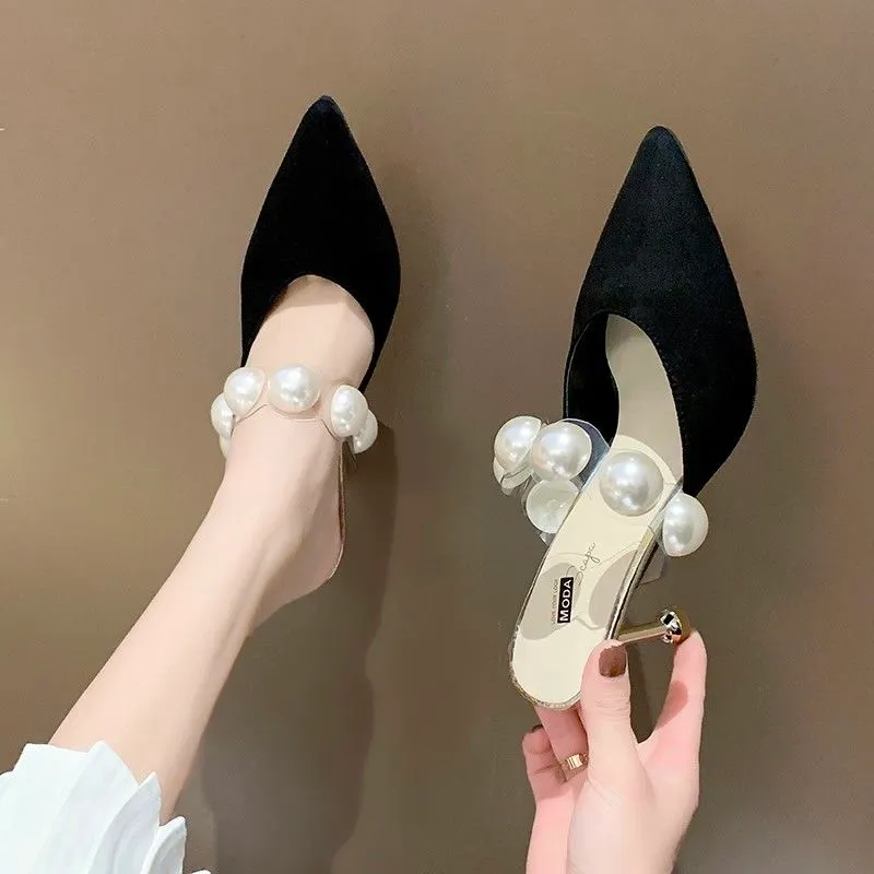 2022 Women Shoe Designer Pearl Strap Fairy Style Sandals Pointed Luxury 8cm Thin High Heels Pumps