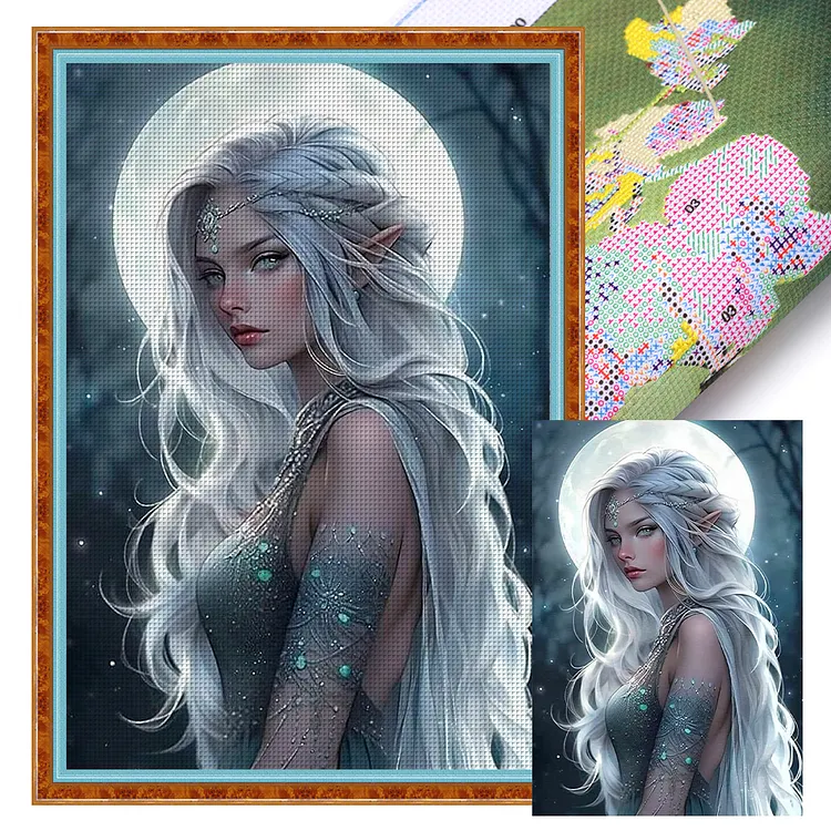 White-Haired Woman Under Moonlight (45*65cm) 11CT Stamped Cross Stitch gbfke