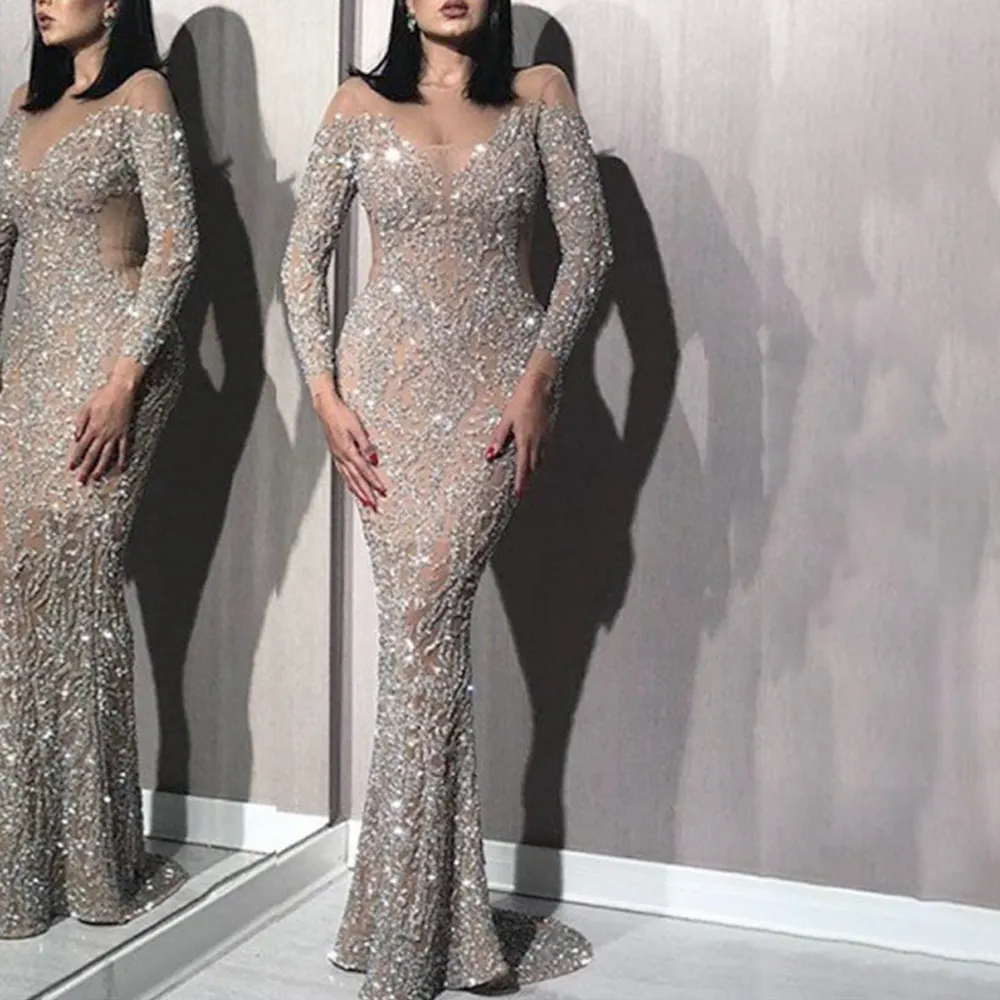 Brownm Brownm 2025 New Women's Hot Long Sleeves Sexy Long Dress Party Evening Dress