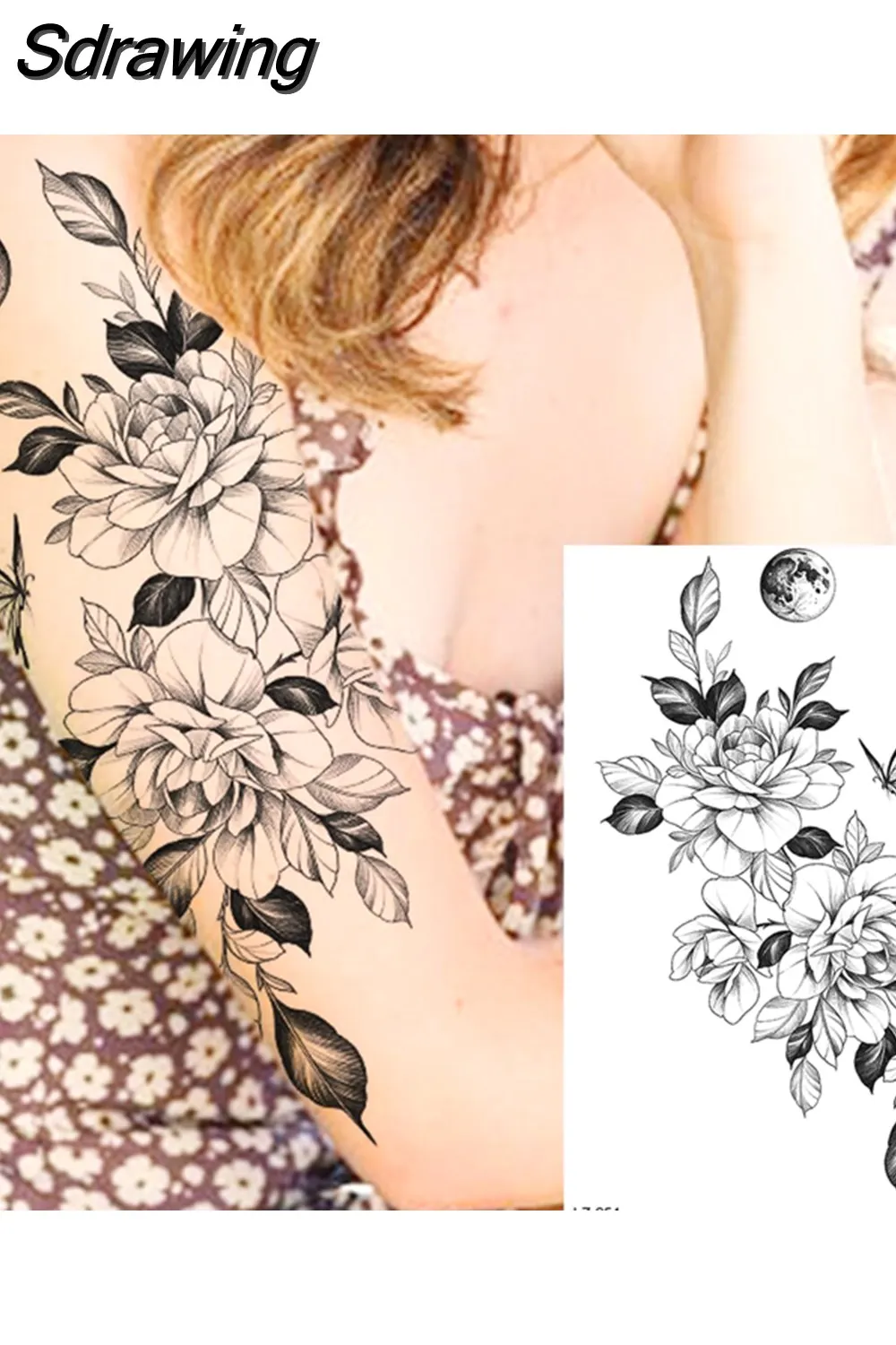 Sdrawing Peony Flower Temporary Tattoos For Women Adults Realistic Compass Moon Pendant Fake Tattoo Sticker Arm Body Tatoos 507-1