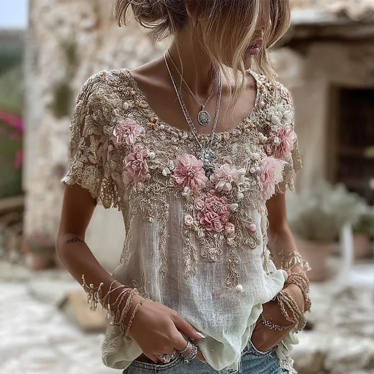 Women's Pink Rose Embroidery Art Round Neck Short Sleeve Linen Blend T-shirt