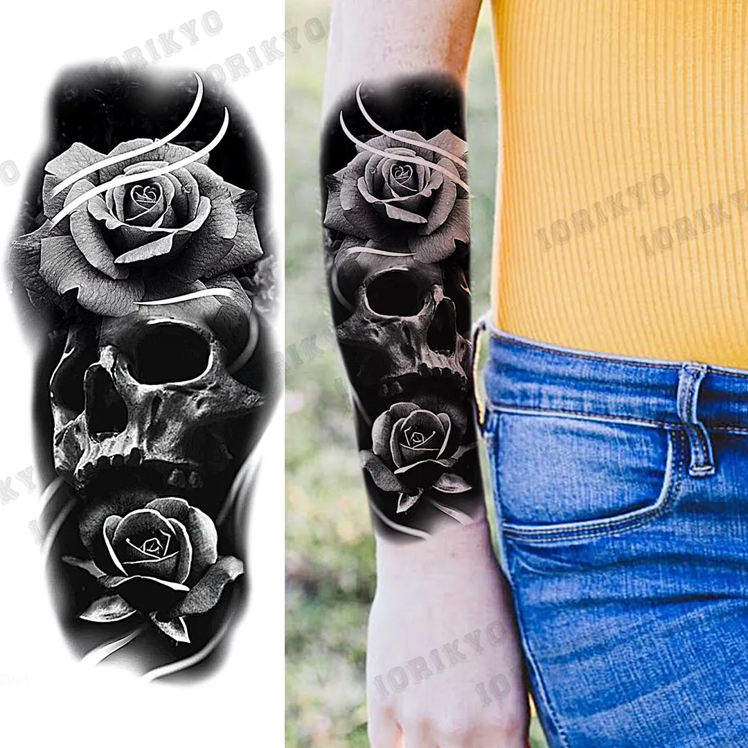 Black Devil Vampire Arm Temporary Tattoos For Women Adult Skull Lion Crown Compass Fake Tattoo Washable Body Art Painting Tatoos