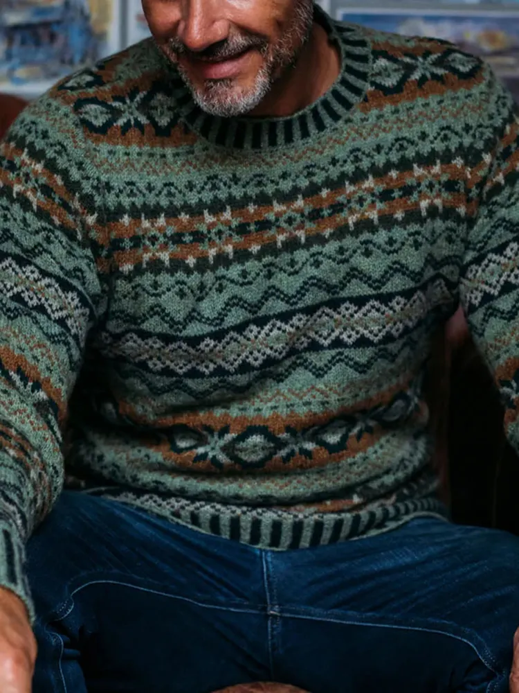 Vintage Brodie Knit Warmth Jacquard Icelandic Crew Neck Sweater（Unisex ）