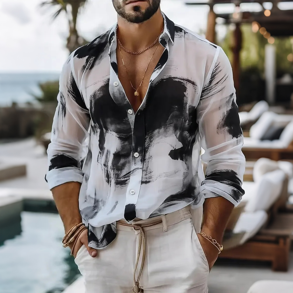 Comstylish Men's Vintage Abstract Geometry Art Print Linen Blend Casual Shirt