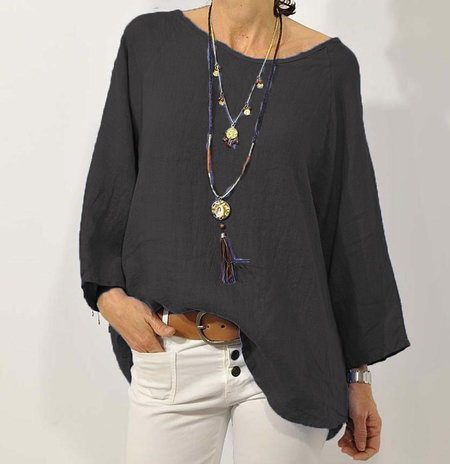 Plus Size Solid Color Cotton Round-Neck Raglan Sleeve Nine-Quarter Sleeve Blouse