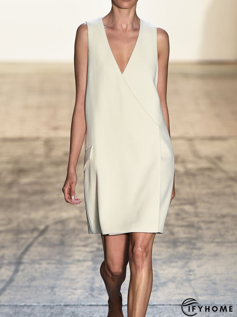 White Sleeveless Cotton-Blend V Neck Weaving Dress | IFYHOME