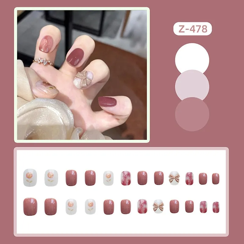 24Pcs false nails with designs cow and Blue Color cut design Fake Nail Shiny Gold Foil  artificial nails with glue for girls-Nail Inspo