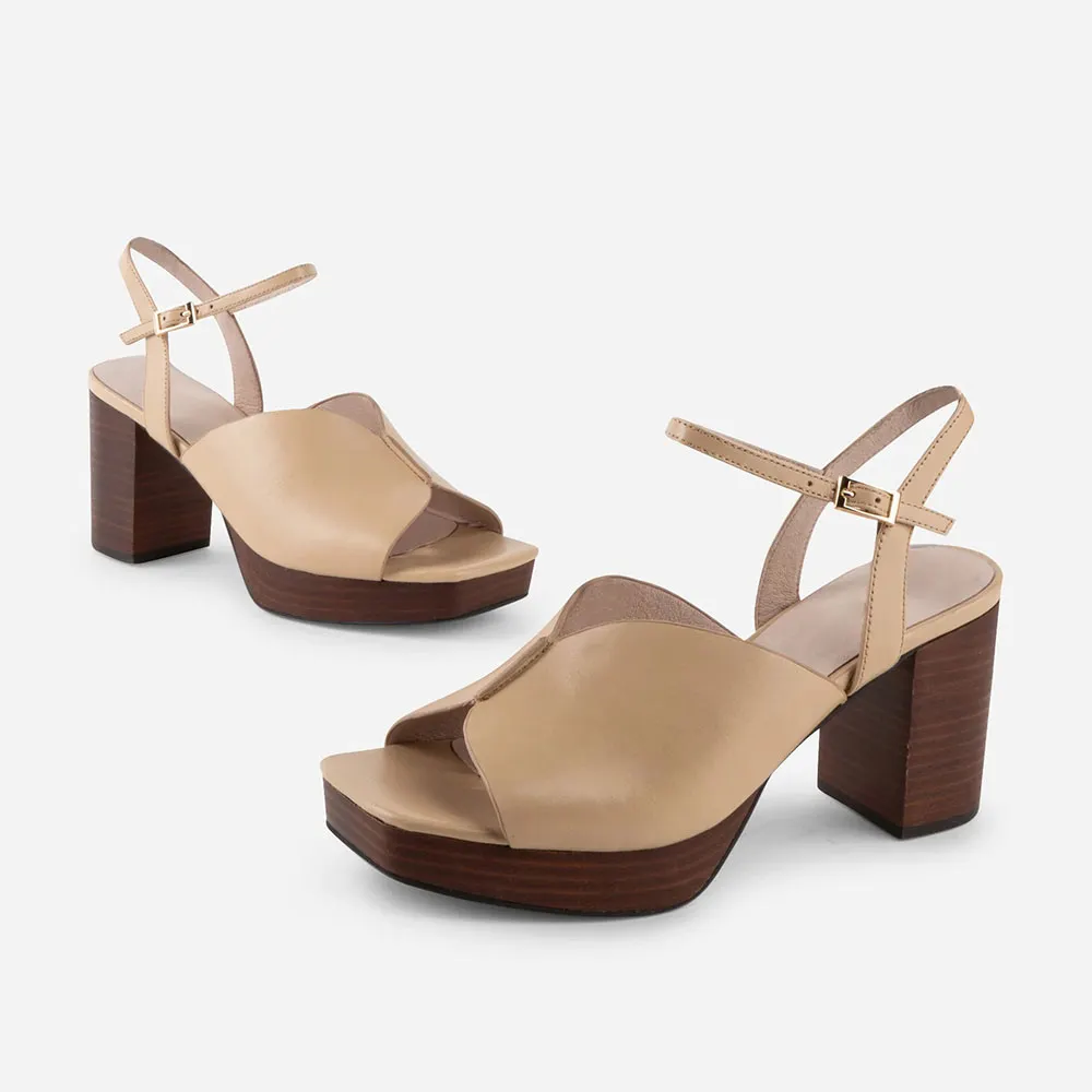 Khaki Square Toe Ankle Strap Platform Chunky High Heeled Sandals