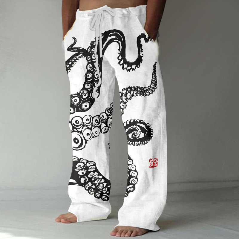 Japanese Art Octopus Legs Print Casual Linen Blend Pants  artssus