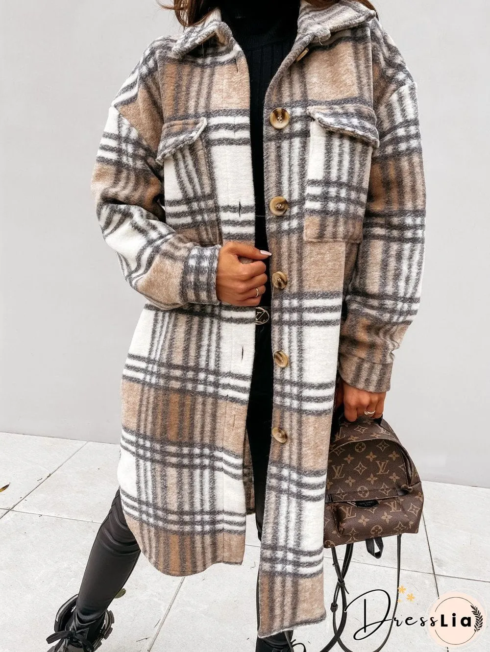 Autumn Winter Long Sleeve Plaid Print Coat