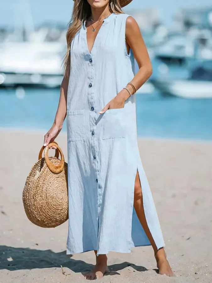 Cotton Linen Sleeveless Solid Color Amazon Single Breasted Loose V Neck Long Dress