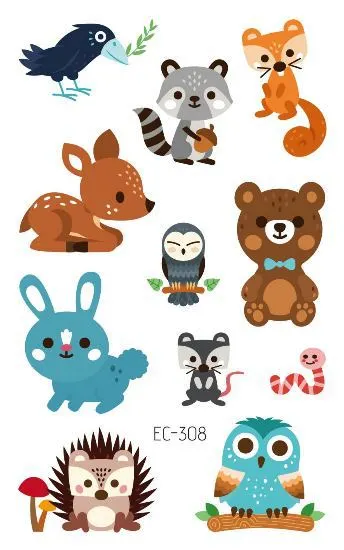 24 kinds Cartoon Animals Temporary Tattoo Stickers for Kids Lion Tiger Giraffe Elephant Fox Hedgehog Turtle tatouage temporaire