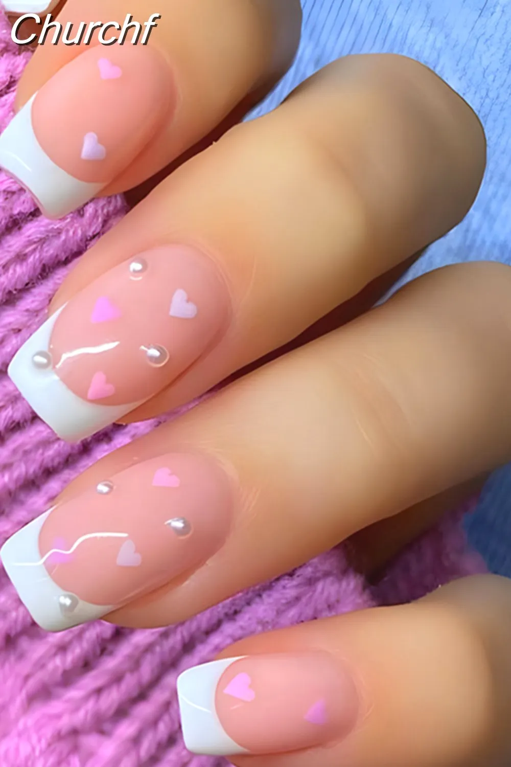 Churchf French White Side False Nails Wearable Rhinestone Desgin Fake Nails Short Simple Nail Full Cover Nail Tips Press On Nails-Nail Inspo
