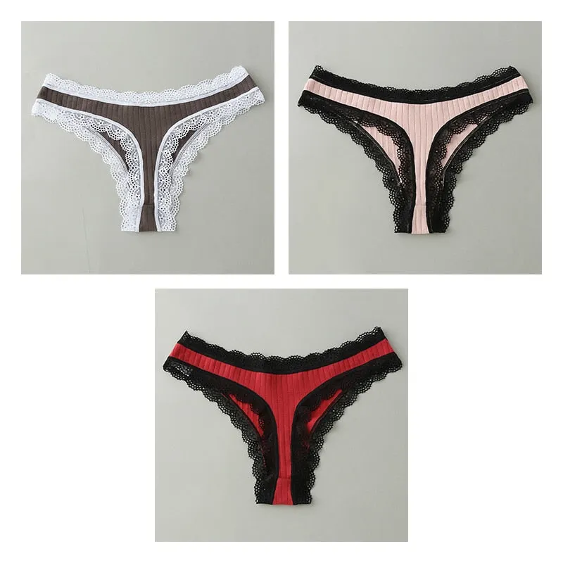 3PCS/Set G-string Panties Cotton Women's Underwear Sexy Panties Female Underpants Thongs Solid Color Sexy Lace Lingerie BANNIROU