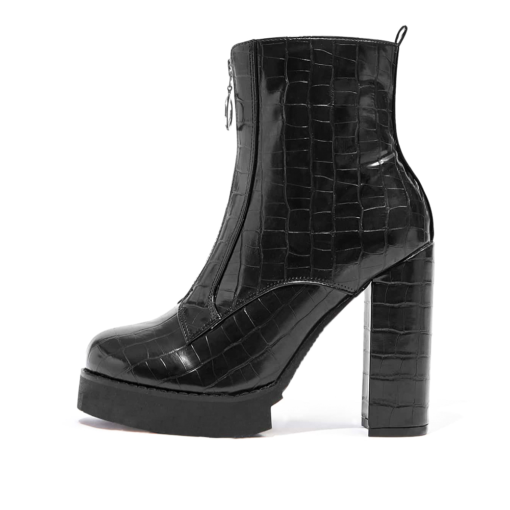 Full Black Croco Embossed Chunky Heel Platform Ankle Boots with Zip Nicepairs