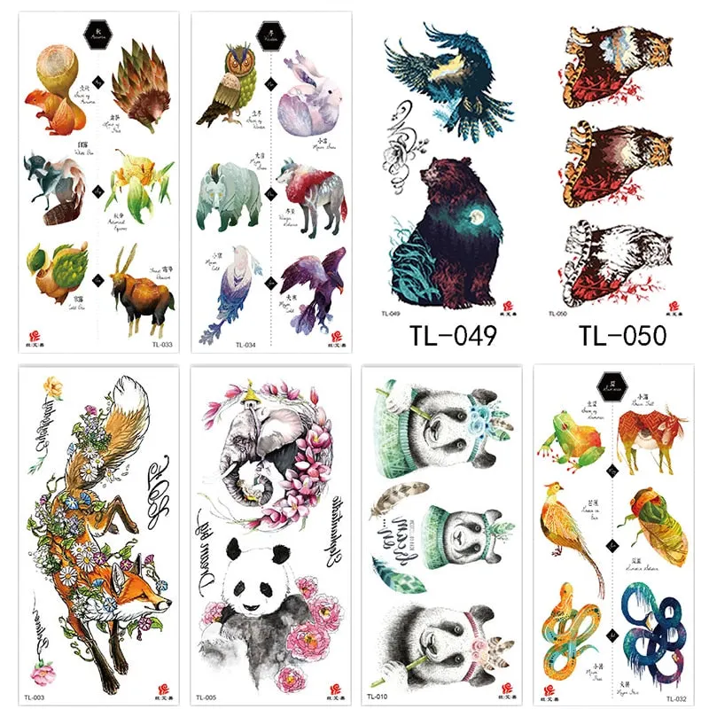 1~8 pieces of animal plants wolf bear bird art tattoo stickers disposable waterproof temporary tattoo stickers for men and women