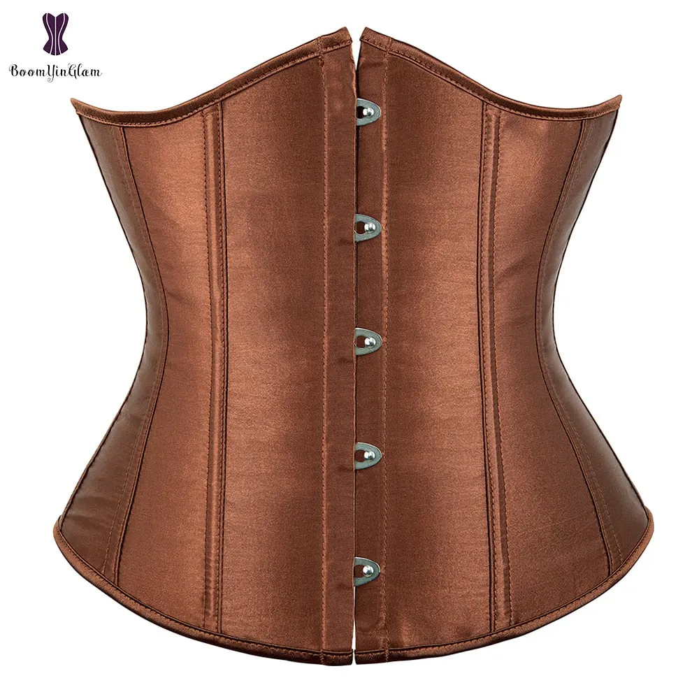Satin Women's Slimming Outfit Clothes Waist Cincher Lace Up Boned Bustier Top Underbust Corset With G String 28335#