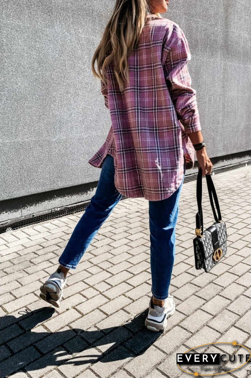 Fashion Casual Plaid Splicing Button Pocket Shirt