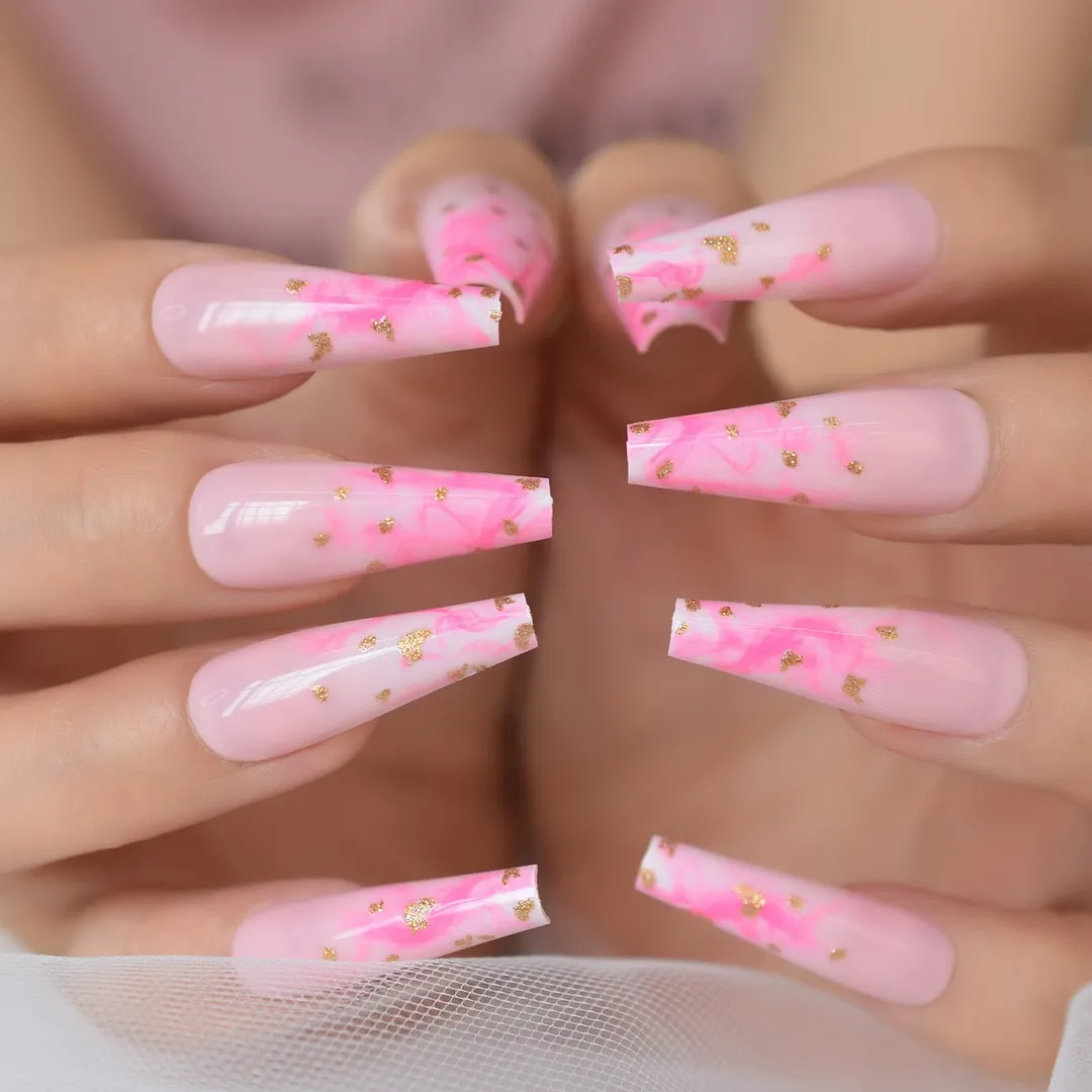 Super Long Acrylic Nails Coffin Pink Press-ons Rose Flowers Fake Nails Ballerina Gel False Nails Tips French Manicure-Nail Inspo