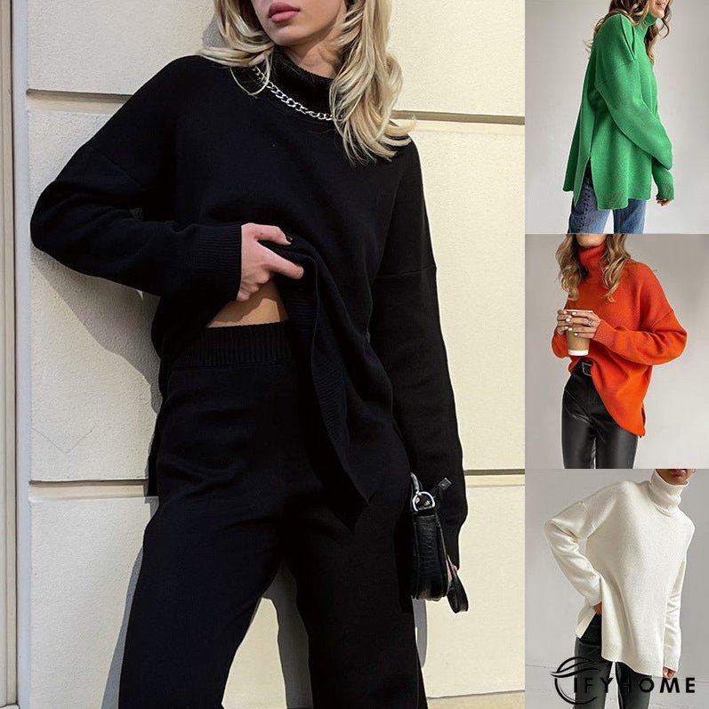 Versatile High Neck Loose Pullover Sweater with Split Detail for Women | IFYHOME