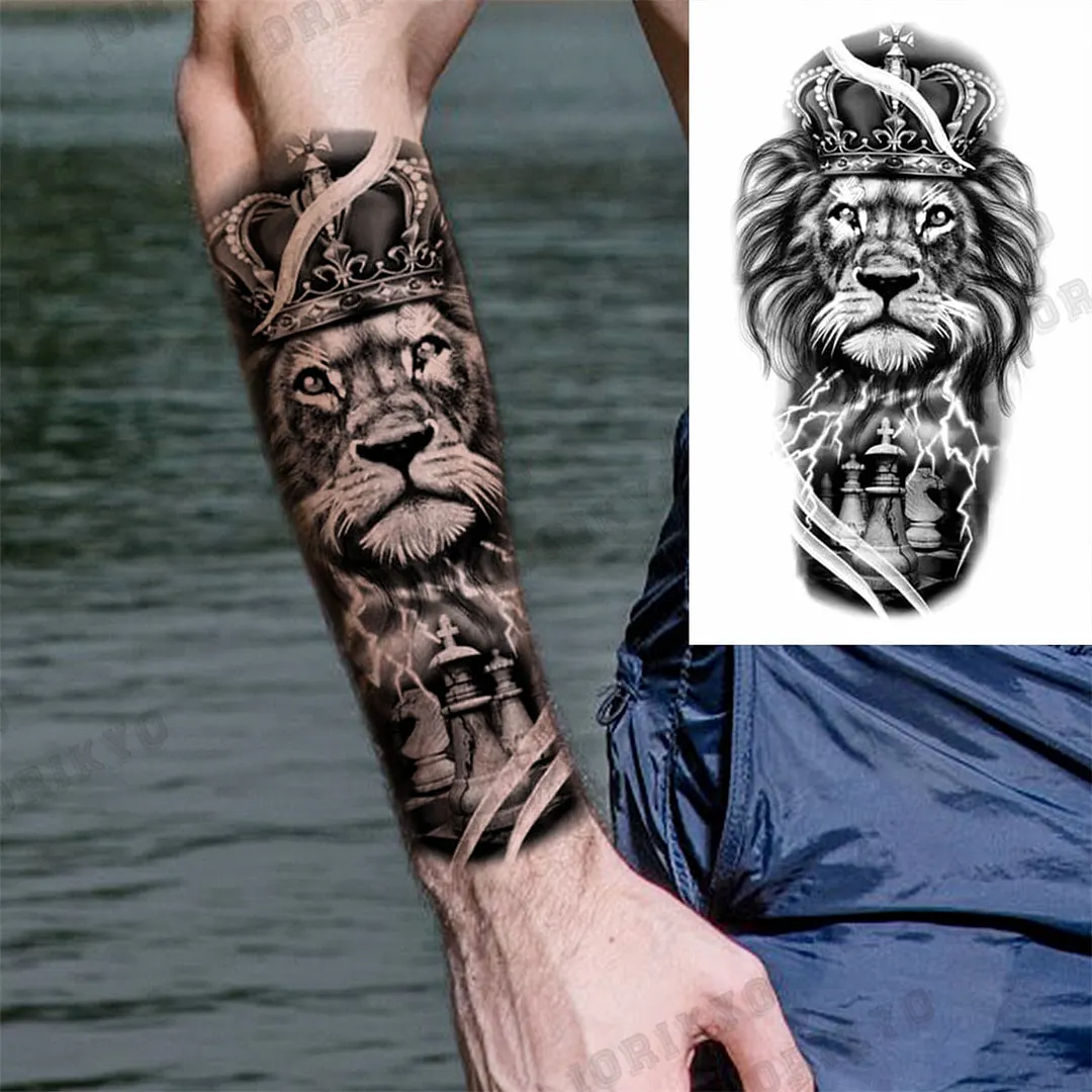 Black Lion Wolf Temporary Tattoos For Men Adult Forest Rose Compass Warrior Fake Tattoo Washable Body Art Painting Tatoo Sticker