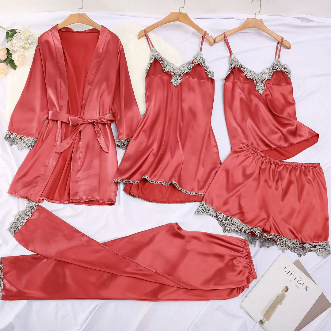 Churchf Simulation Silk Pajamas Sex Lingerie Five-Piece Set Suspension Sexy Lady Home Clothes Pajamas