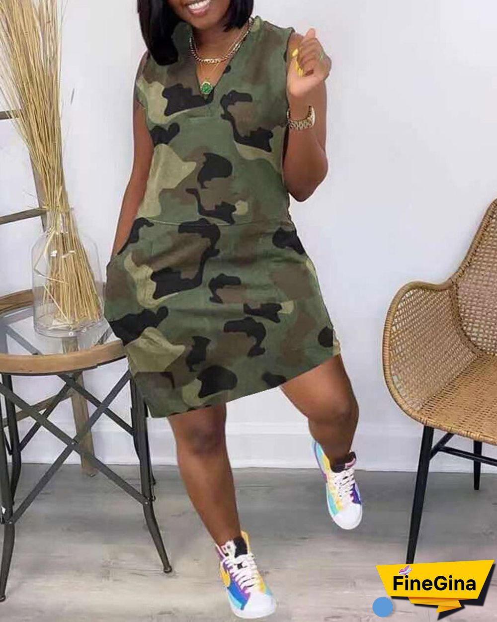 Sleeveless Camouflage Print Pocket Design Dress