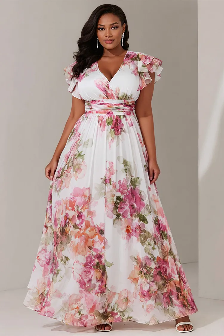 Xpluswear Design Plus Size Vacation Pink Floral V Neck Flutter Sleeve Short Sleeve Ruffle Chiffon Maxi Dresses 2024 - Xpluswear