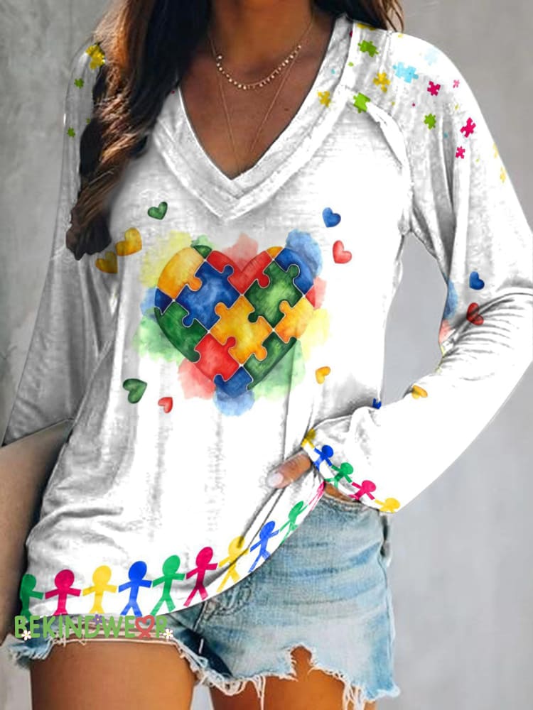 Autism Gradient Heart Print V-Neck Long Sleeve Top Multicolor / S
