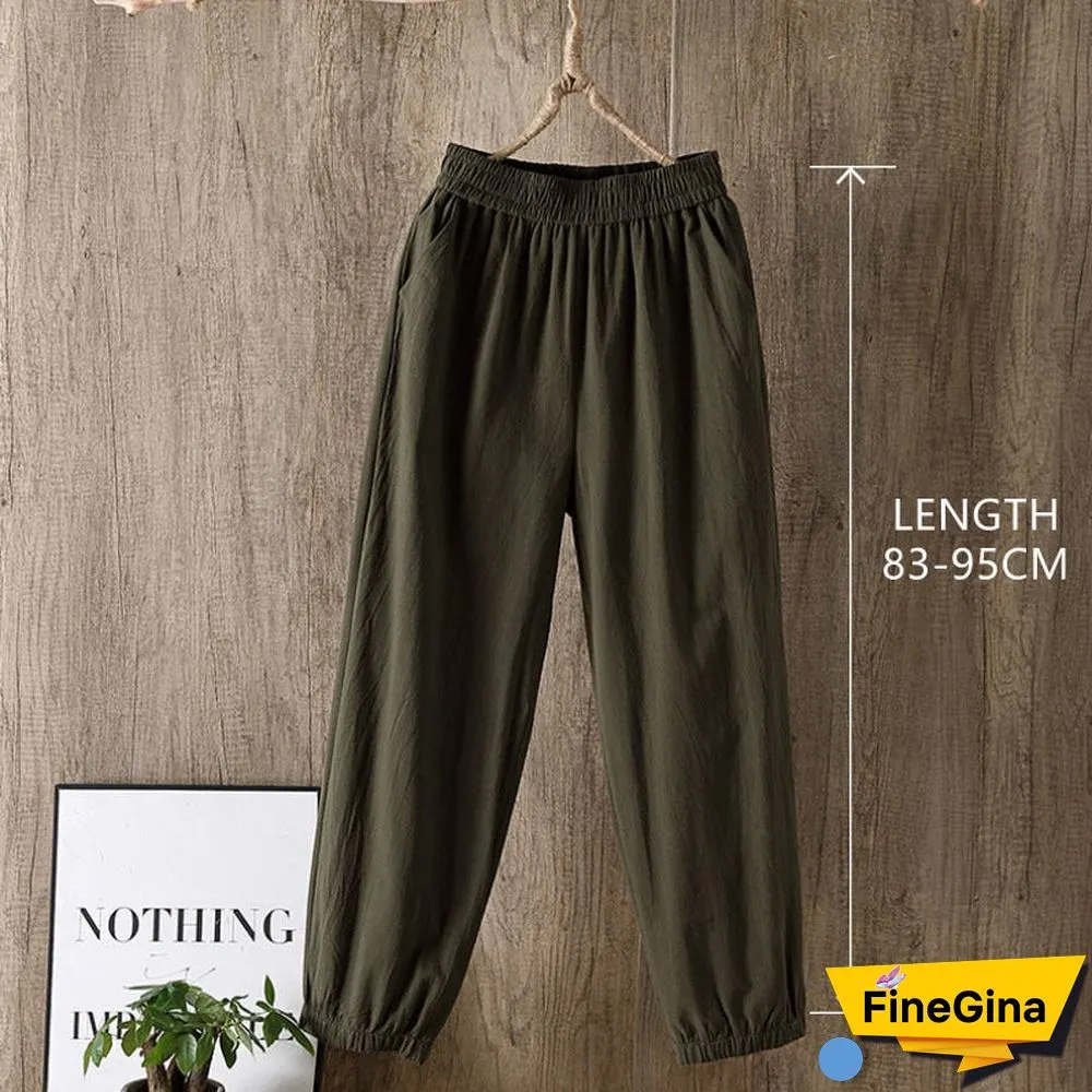 Casual Style Cotton Linen Pants Women Spring Summer New Elastic Waist Solid Basic Retro Loose Women's Harem Pants Trousers