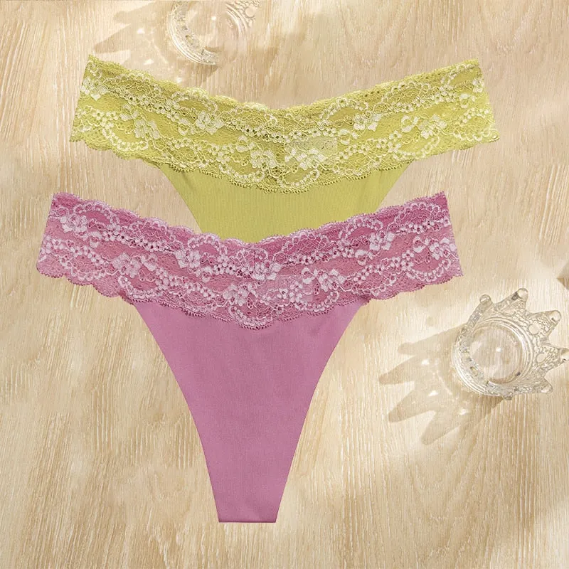FINETOO 2PCS/Set Gstring Seamless Women Lace Pantys Girls Thongs S-L Fashion Sexy Underwear For Woman Lingerie Floral Panties