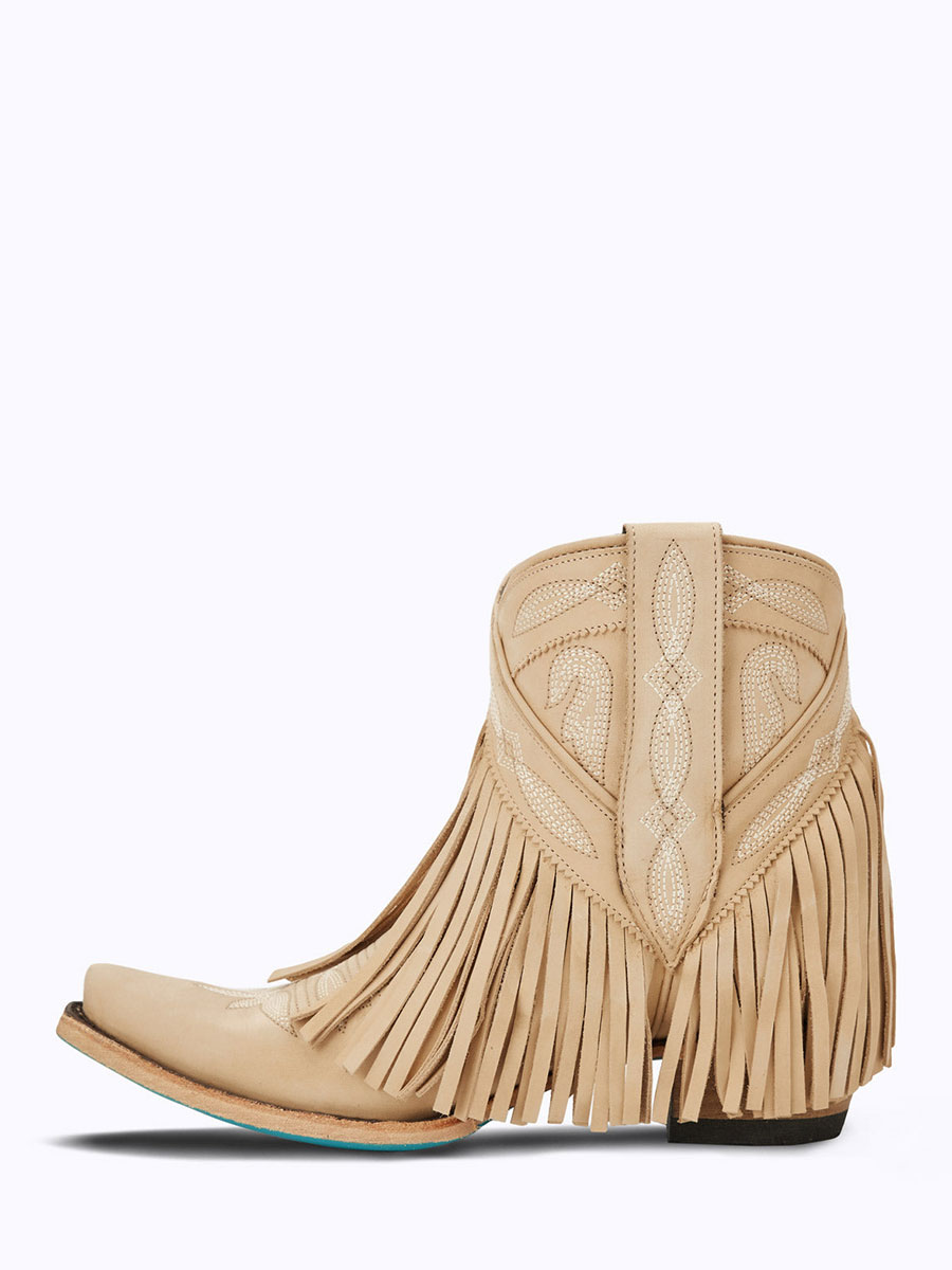 Beige Vegan Leather Snip Toe Block Heel Fringe Cowgirl Ankle Boots 