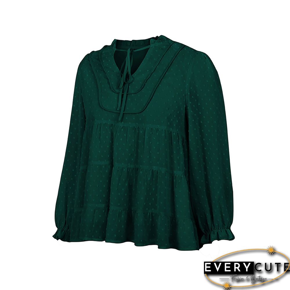 Green Swiss Dot Lace Up Long Sleeve Tops