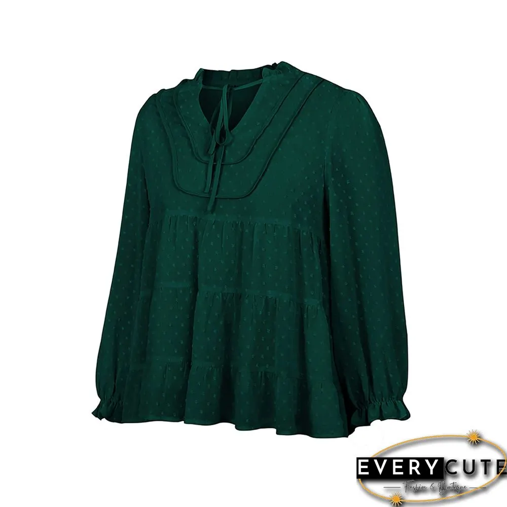 Green Swiss Dot Lace Up Long Sleeve Tops