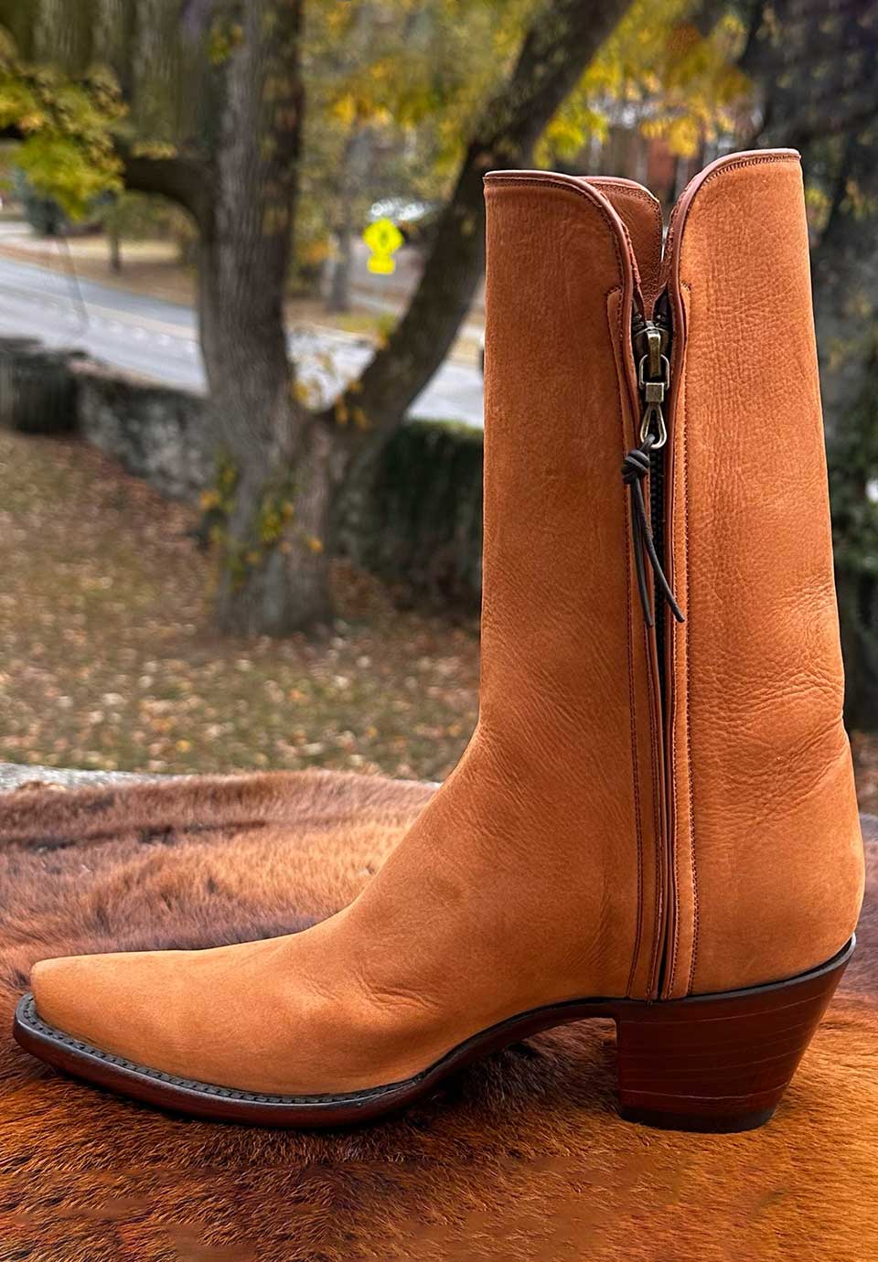 Brown Vegan Leather Snip Toe Side-Zipper Cowgirl Boots With Chunky Heels