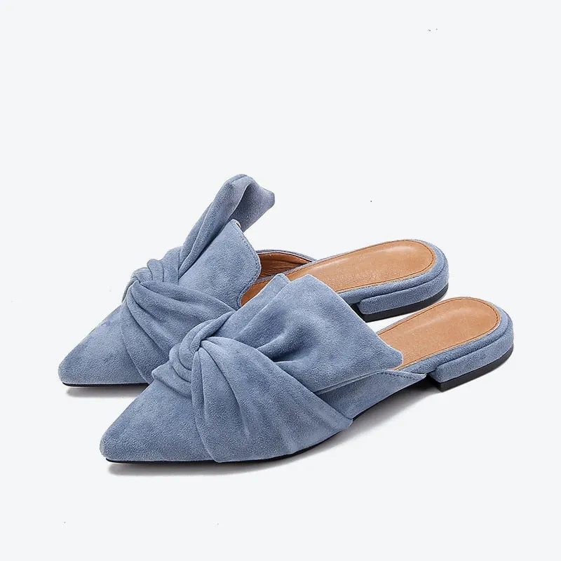 Women Slippers Summer Mules Shoes Women Suede Slide Flock Slippers Female Mules Low Heels Pointed Toe Bowtie Zapatos De Mujer