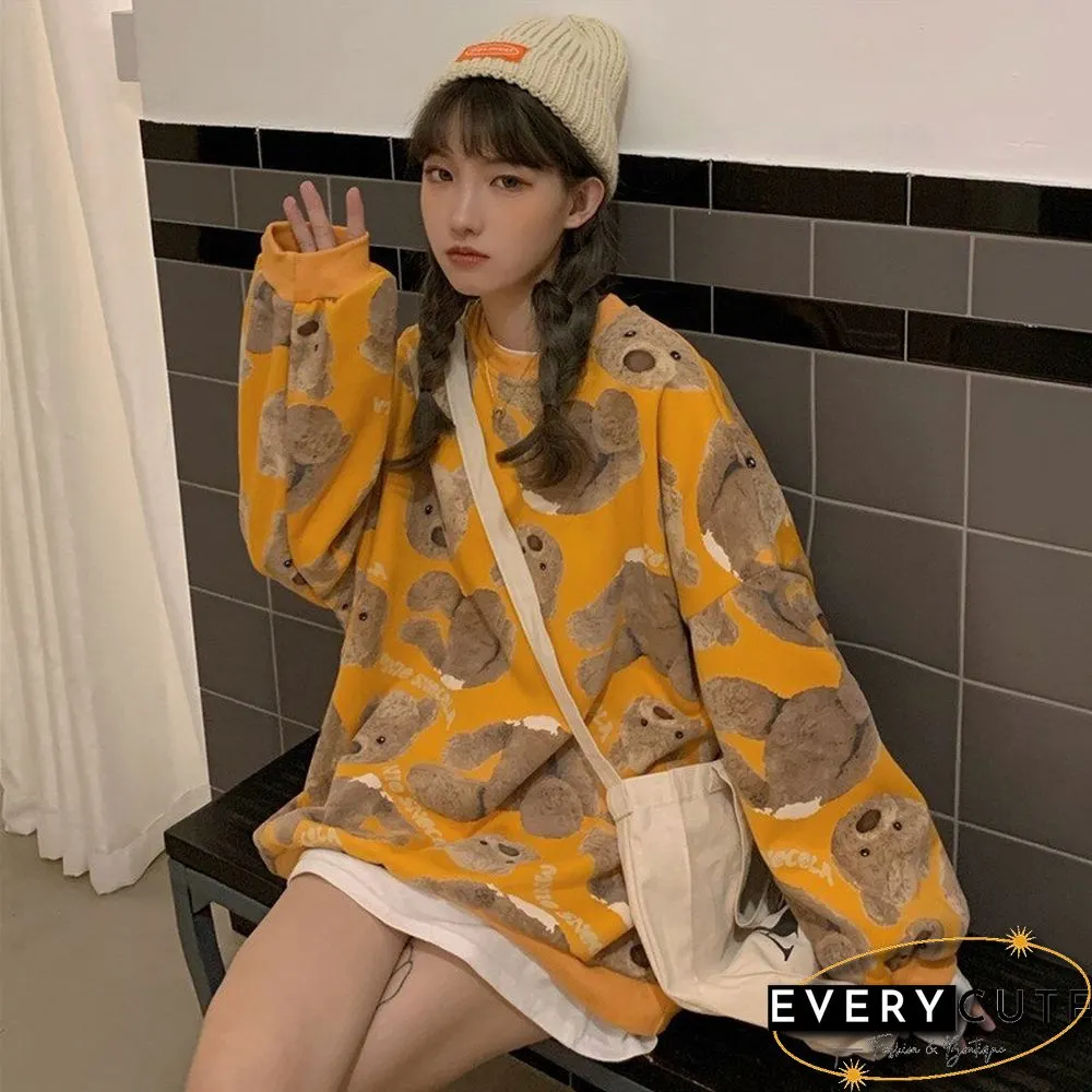Crew Neck Vintage Bear Kawaii Sweatshirt Women Loose Long Sleeve Plus Velvet Pullover Tops Anime Hoodie Cute Sweatshirt Clothing