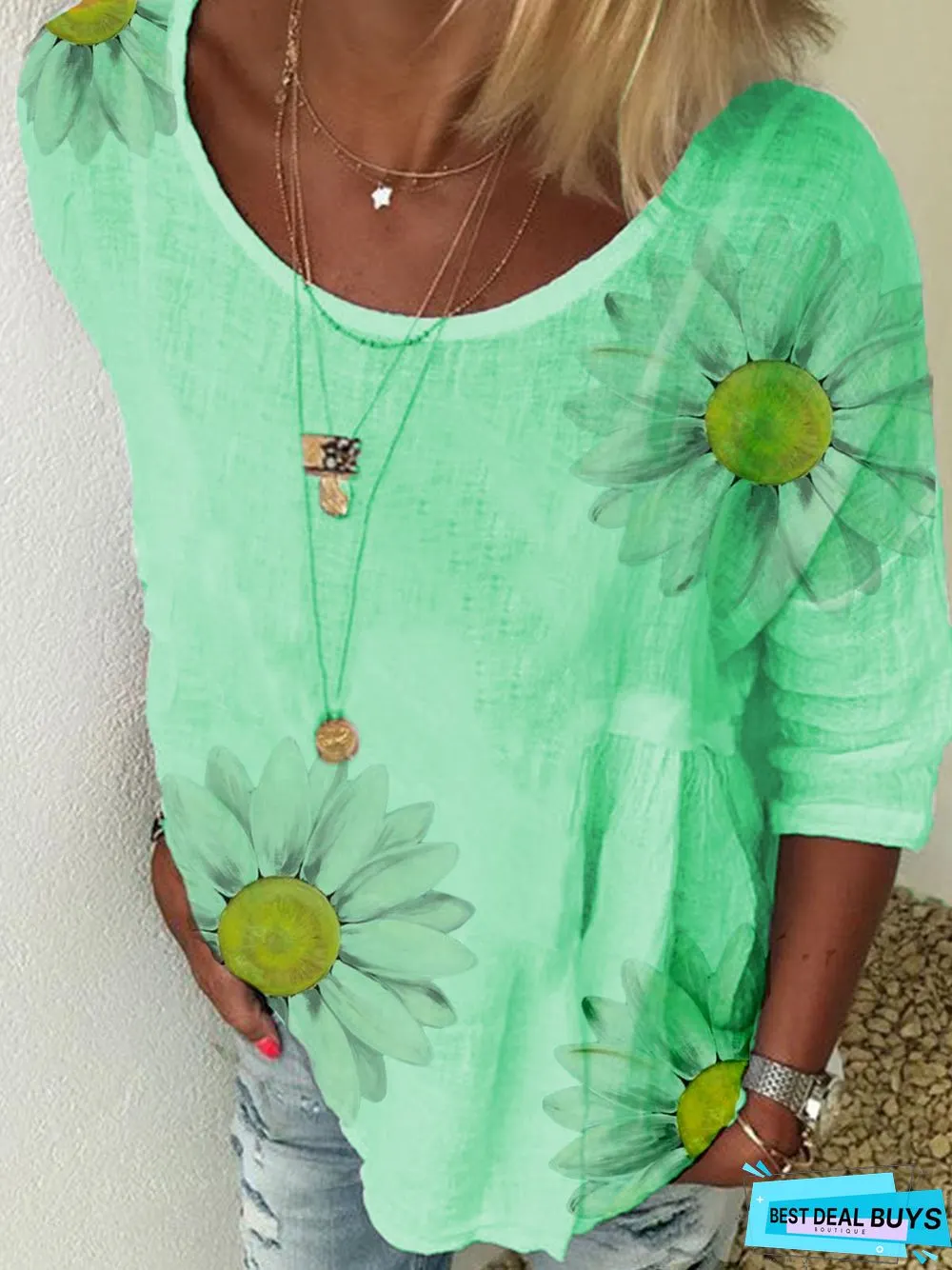Floral Crew Neck Loose Cotton-Blend Tunic Sweatshirt