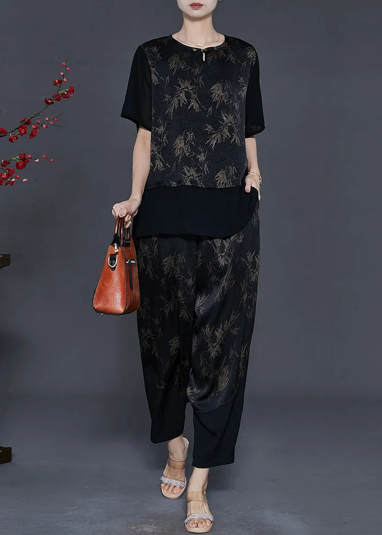 Black Patchwork Silk Two Piece Set Women Clothing Print Summer
