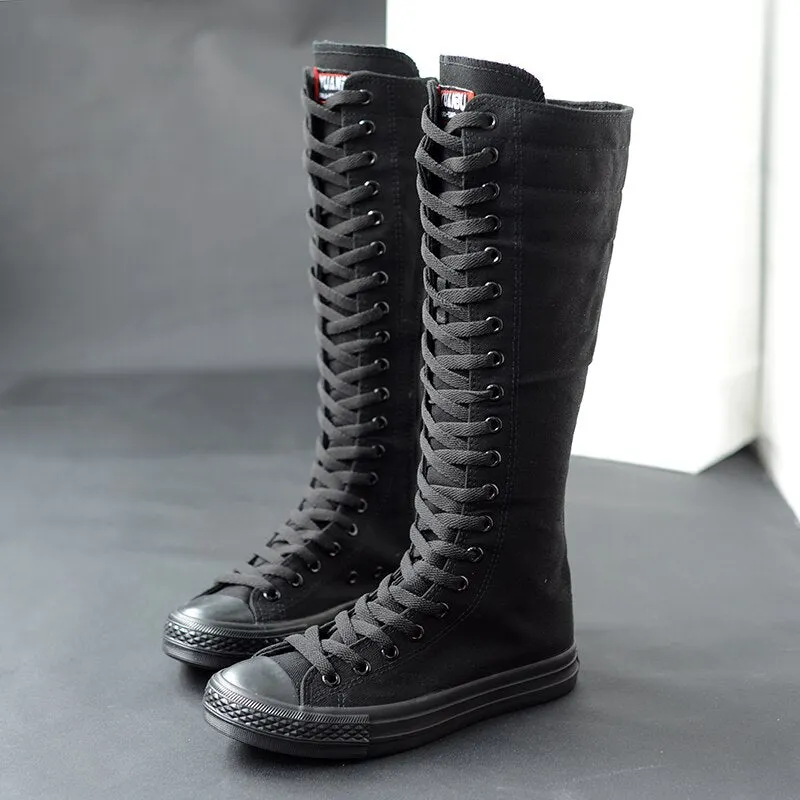 Miaoguan 2021 Spring Autumn Women Canvas Casual Shoes Long Knee High Boots Lace-Up Zipper Comfortable Flat Sneakers Small Size
